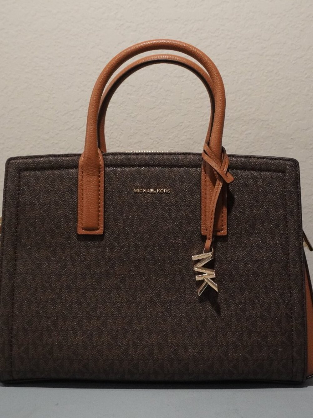 Michael Kors Laila Medium Signature Logo Satchel Brown MK PVC Leather Handbag